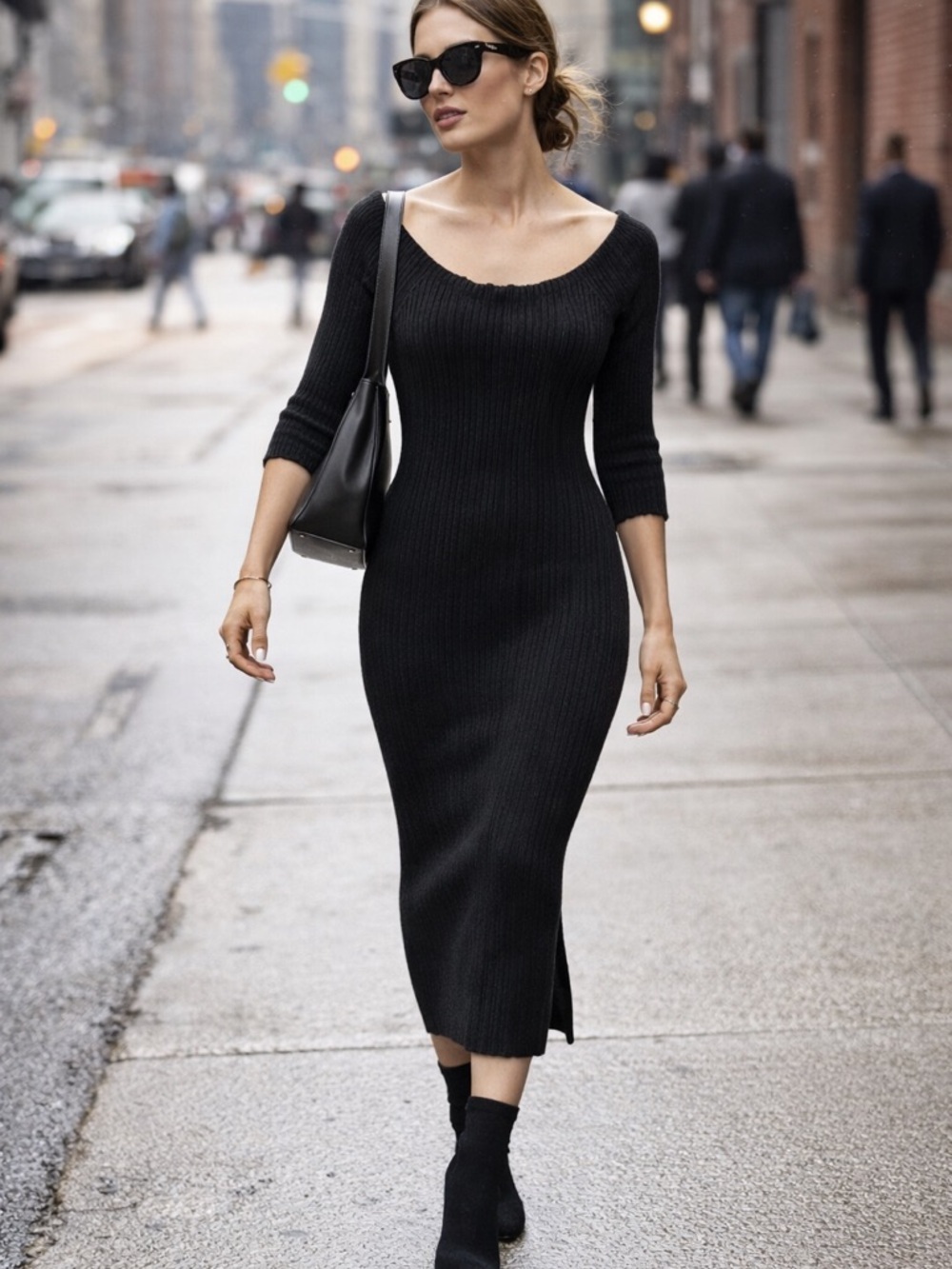 Rag & Bone Kari Black Ribbed Bodycon Midi Dress NWT Medium